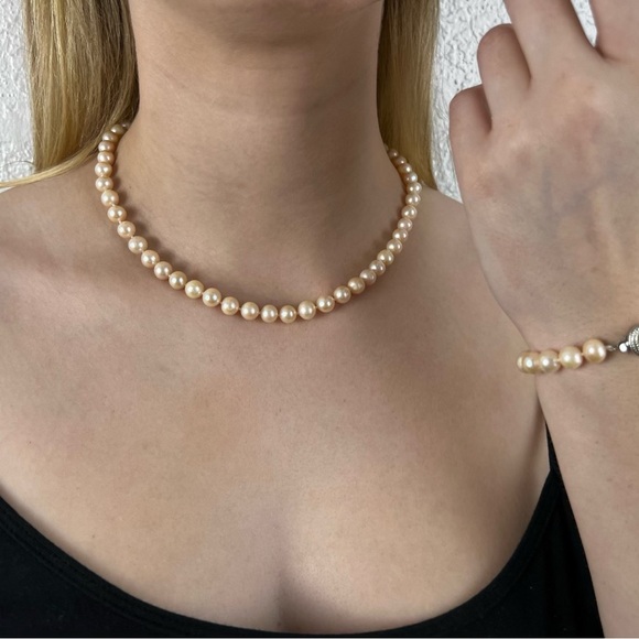 Pacific Pearls Jewelry - 7-8 mm Peach Pearl Necklace & Bracelet